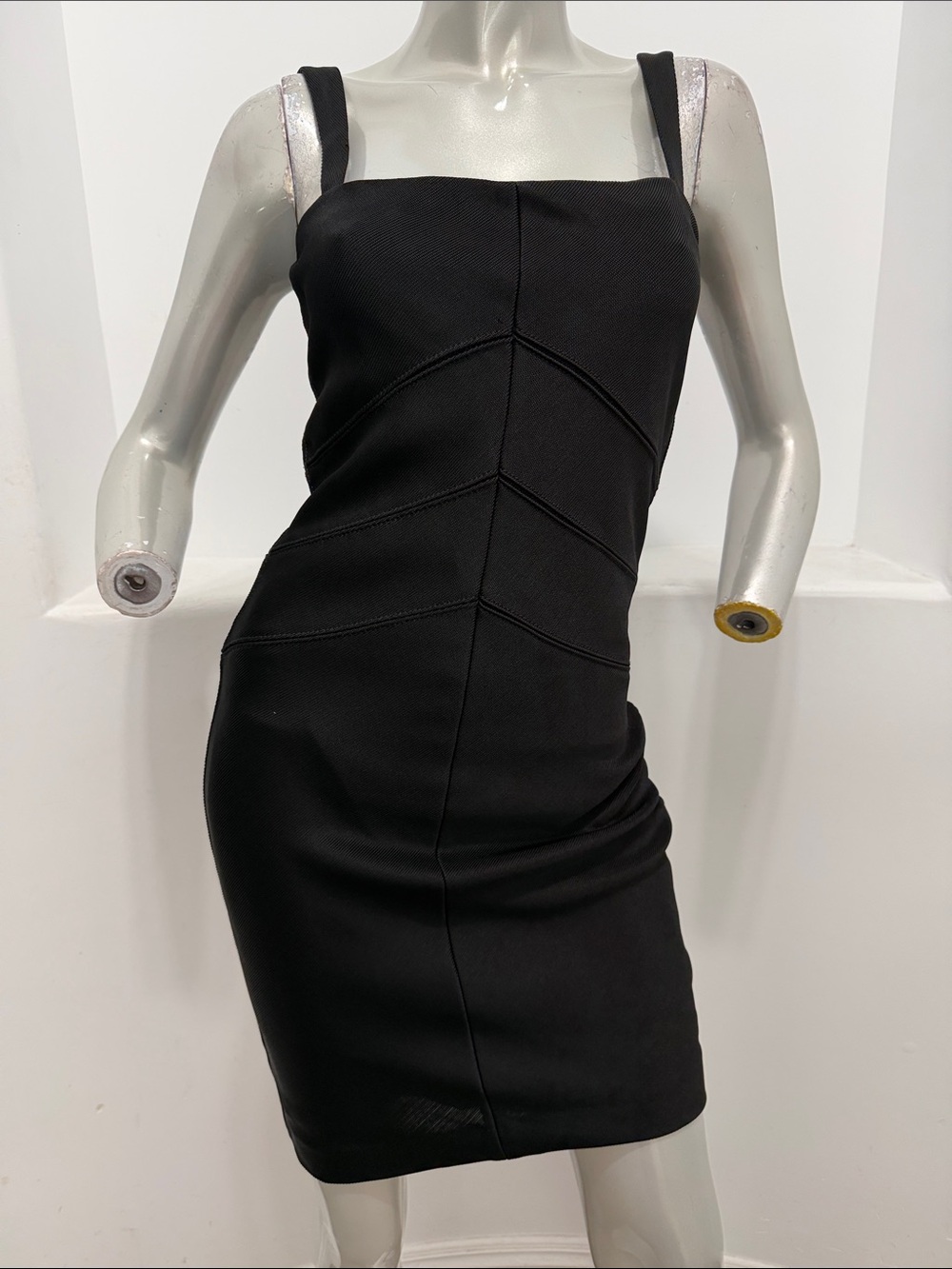 Barron Duquette Black Bandage Sleeveless Bodycon Dress Chevron Seam Sz8 Stretch